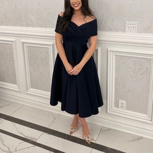 Navy Blue Off the Shoulder Formal Mid Length Dress